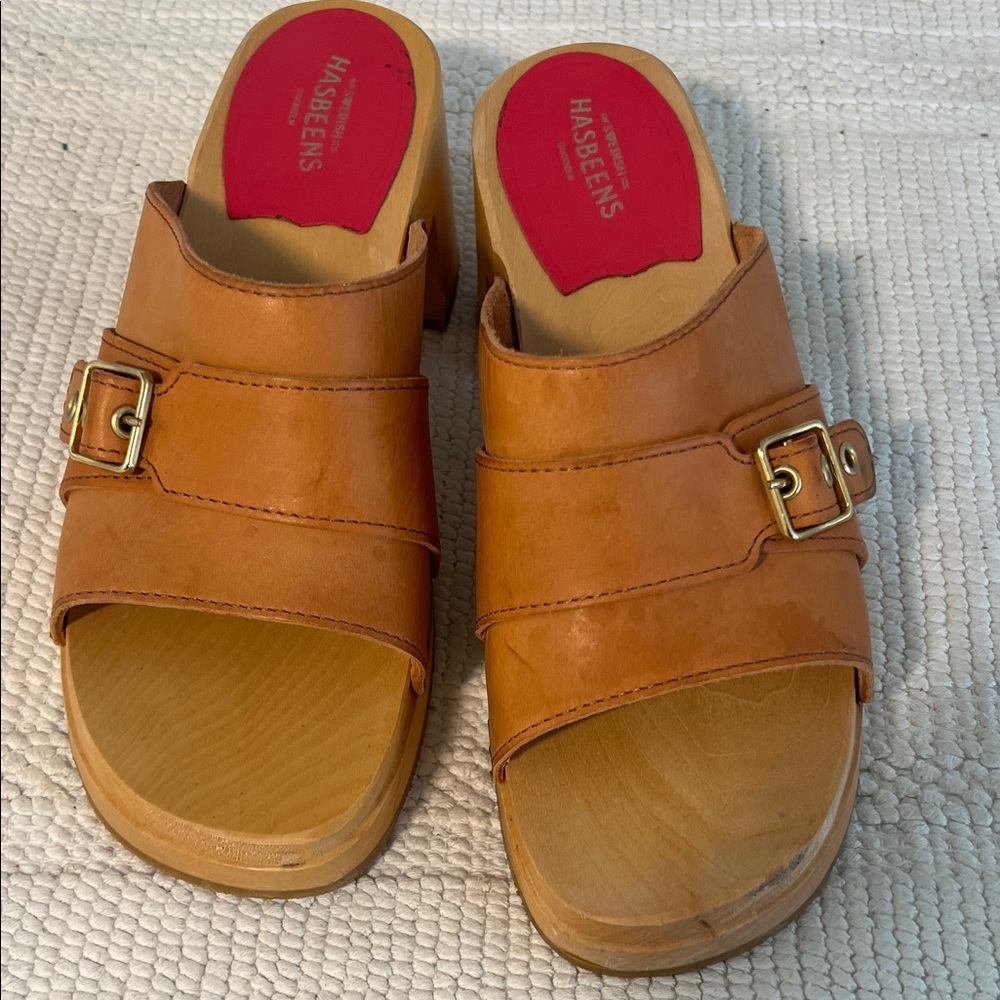 Swedish Hasbeens Tan Leather Buckle Mules with Red Insole